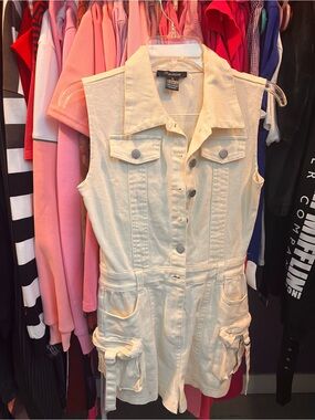 No Boundaries Cream Utility Denim Romper